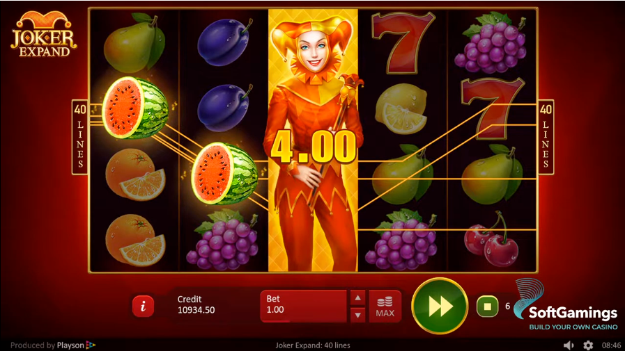 Joker Expand 40 Lines recorded winning frame with the Joker expanded over the third reel