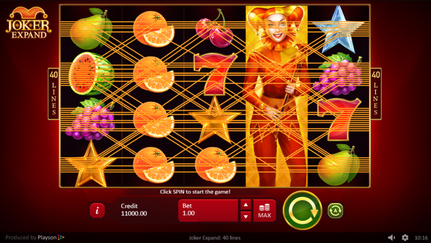 Joker Expand 40 Lines reference screen showing the 40 payline paths across fruit symbols